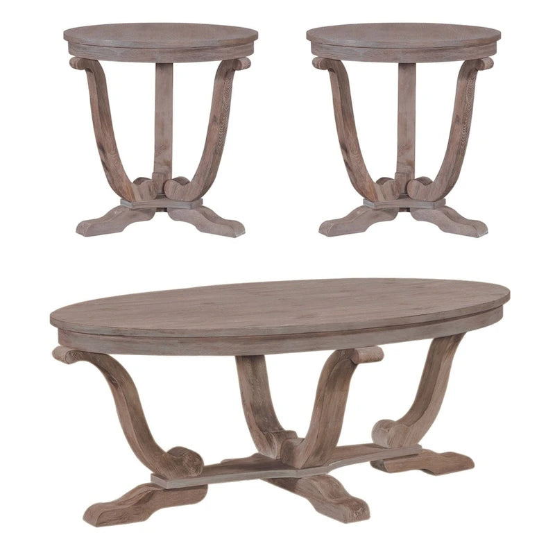 Stone White Wash Wood Veneer 3-Piece Table Set (1 Cocktail + 2 End Tables)