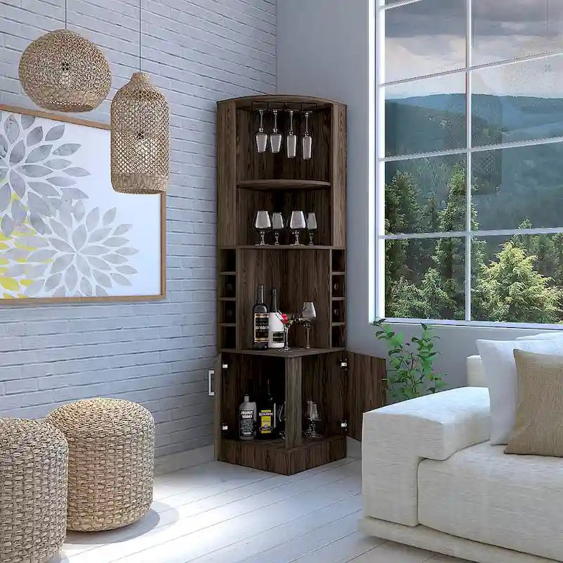 Corner Bar Cabinet with 2 Doors & 8 Cubbies – Walnut / Black / Smoky Oak / White / Light Grey / Dark Brown