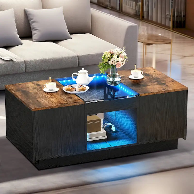 Table basse LED noire/marron et noire/blanche avec 2 tiroirs, plateau en verre, 1 personne