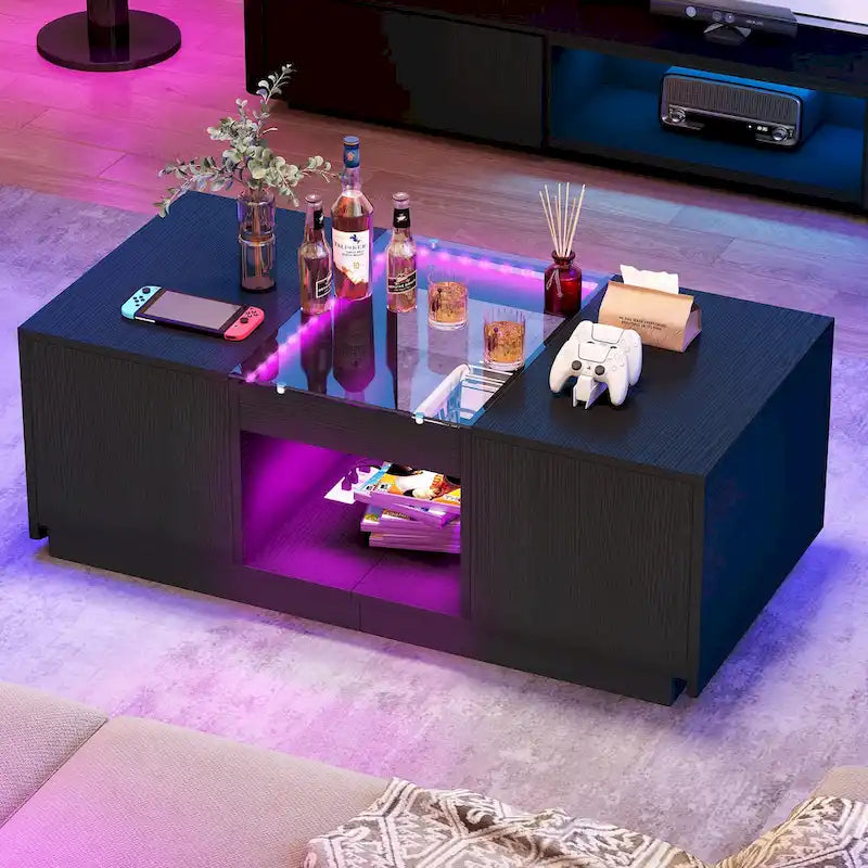 Black / Brown & Black / White LED Coffee Table with 2 Drawers, Glass Top, 1-Person