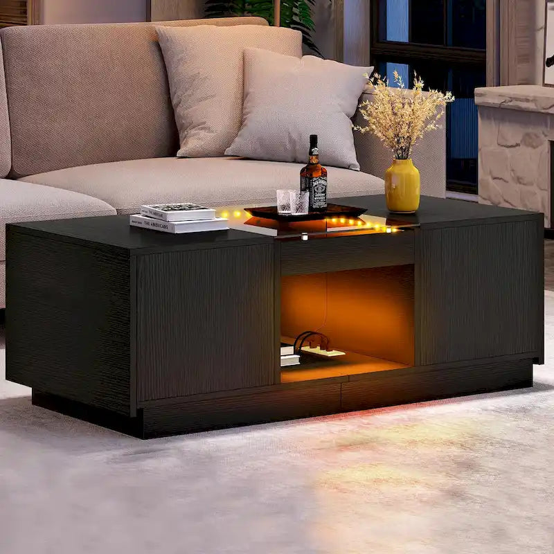 Black / Brown & Black / White LED Coffee Table with 2 Drawers, Glass Top, 1-Person