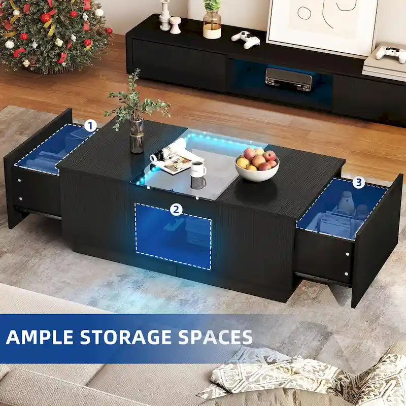 Black / Brown & Black / White LED Coffee Table with 2 Drawers, Glass Top, 1-Person