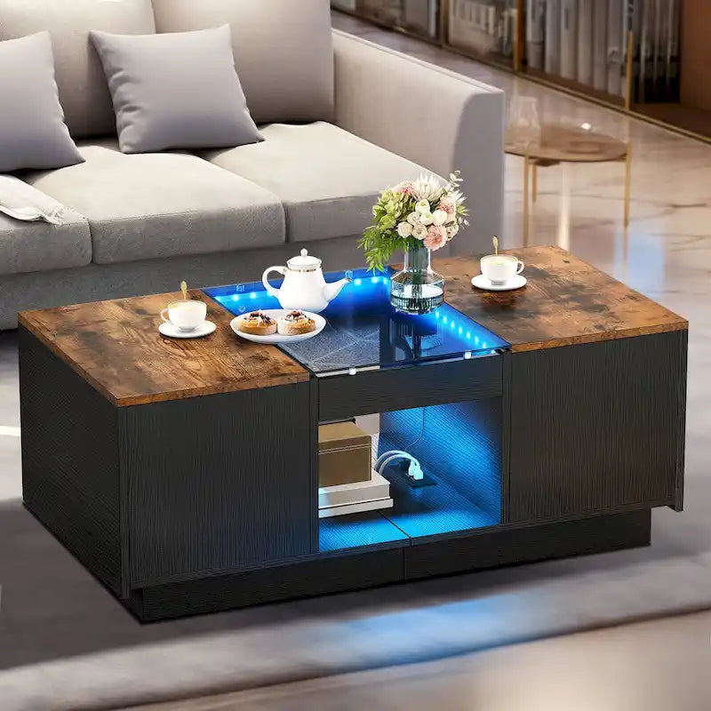 Black / Brown & Black / White LED Coffee Table with 2 Drawers, Glass Top, 1-Person