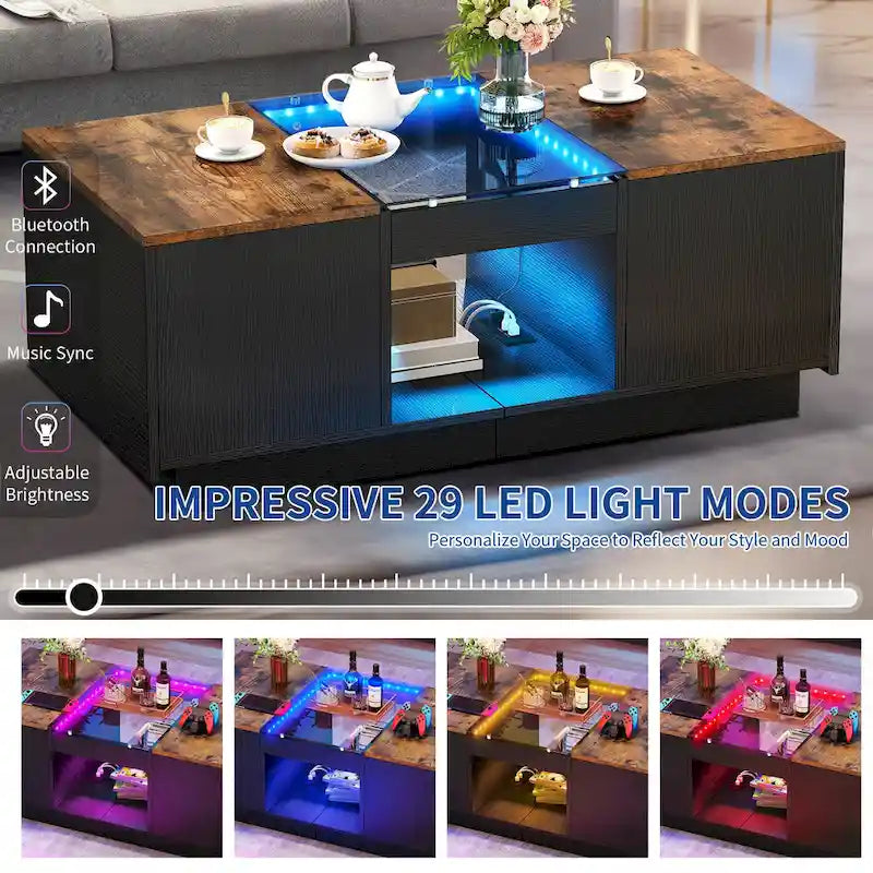 Black / Brown & Black / White LED Coffee Table with 2 Drawers, Glass Top, 1-Person