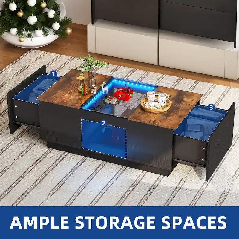Black / Brown & Black / White LED Coffee Table with 2 Drawers, Glass Top, 1-Person