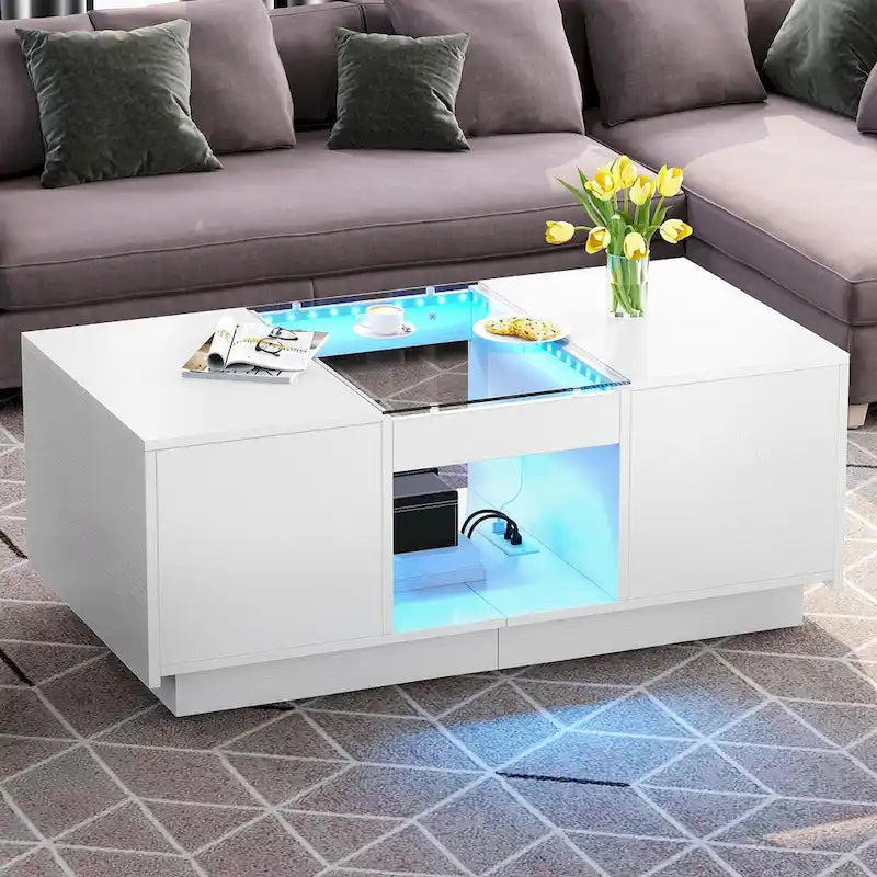 Black / Brown & Black / White LED Coffee Table with 2 Drawers, Glass Top, 1-Person