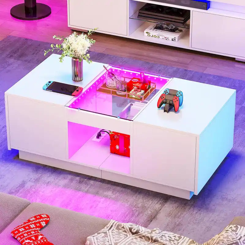 Black / Brown & Black / White LED Coffee Table with 2 Drawers, Glass Top, 1-Person