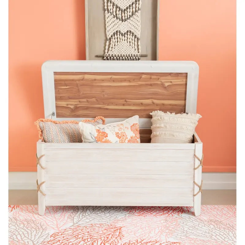 White & Blue Rope Trim Cedar Chest – Storage & Seating for 2