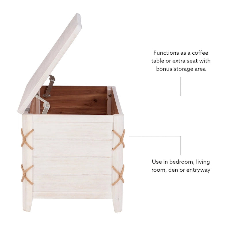 White & Blue Rope Trim Cedar Chest – Storage & Seating for 2