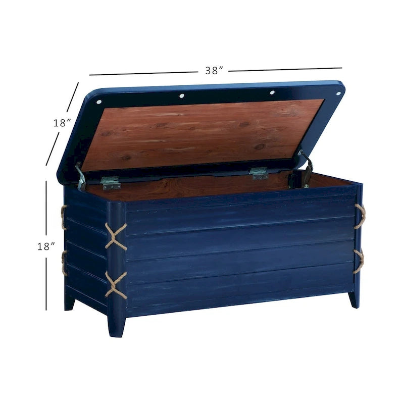 White & Blue Rope Trim Cedar Chest – Storage & Seating for 2