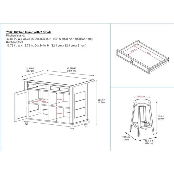 White/Black 2-Stool Kitchen Island Set (Seats 2)