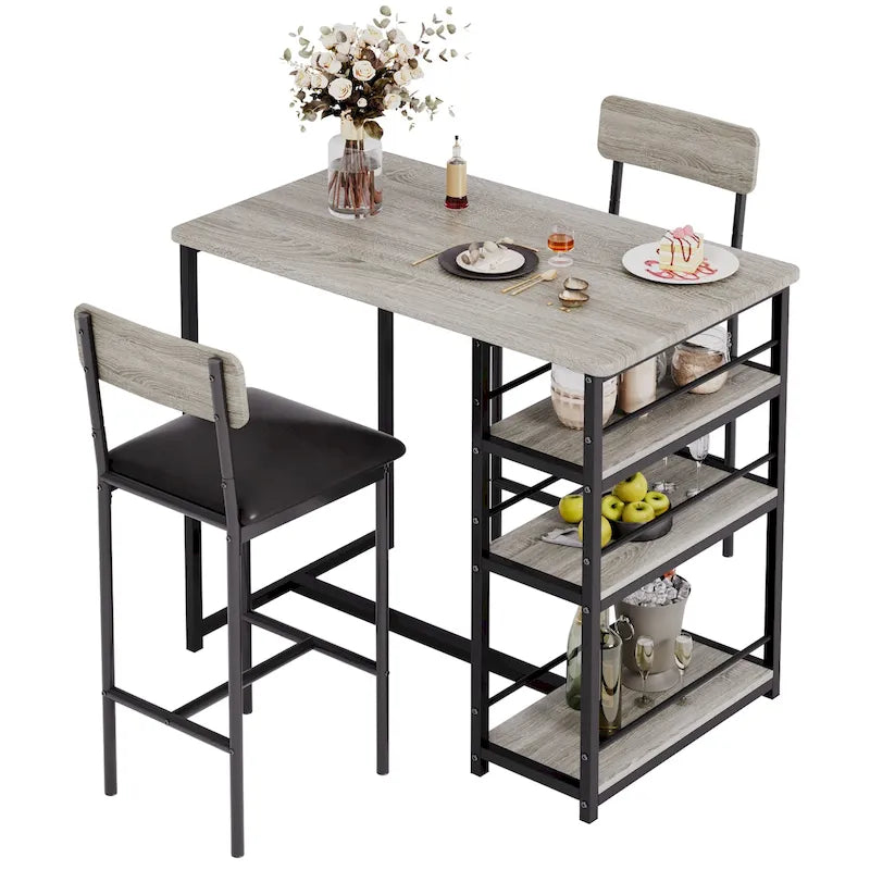 Grey Bar-Height Dining Table Set for 2, Industrial Style, 3 Storage Shelves