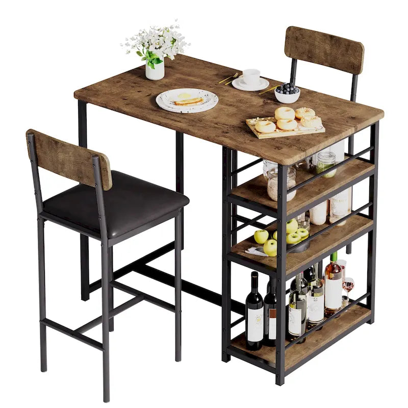 Table de salle à manger style industriel pour 2 avec comptoir et 3 étagères de rangement, gris