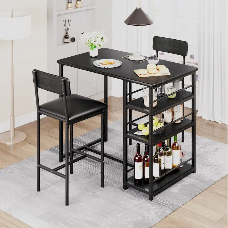Grey Bar-Height Dining Table Set for 2, Industrial Style, 3 Storage Shelves