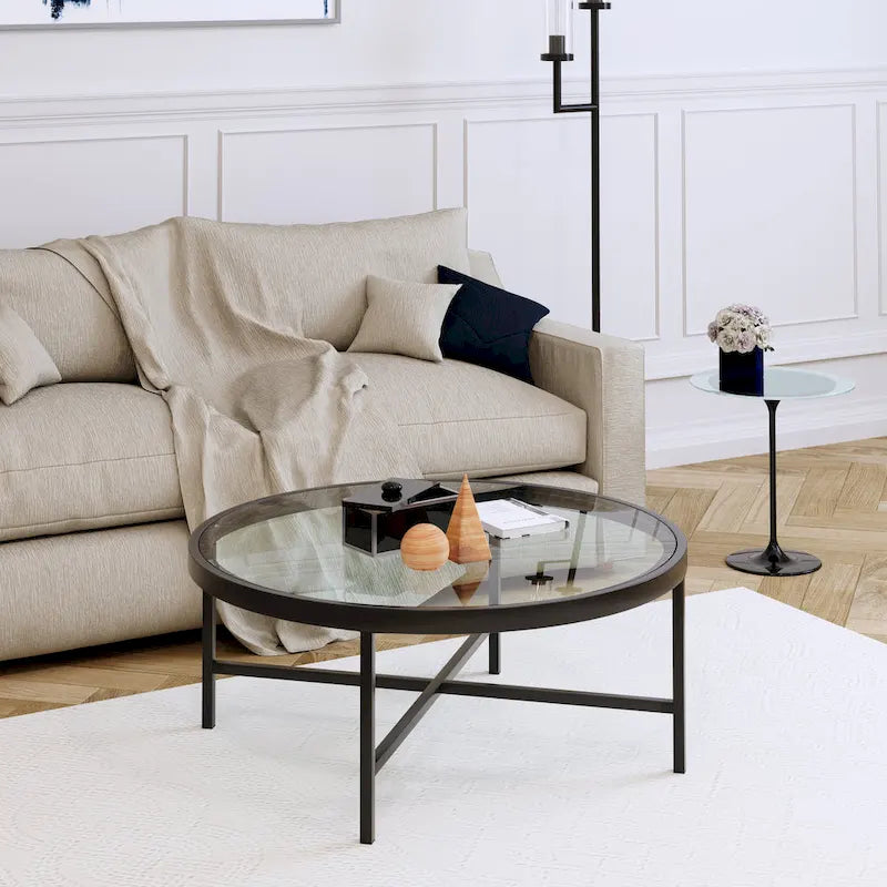 Round Steel Coffee Table – Tempered Glass Top, Multi-Finish