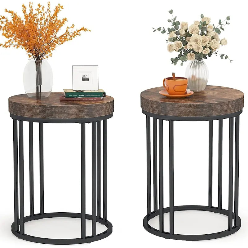 Rustic Brown & Black 2-Tier Round End Table, 1–2 Person Use