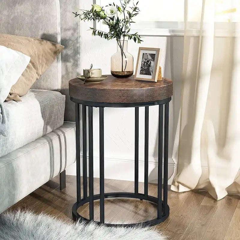 Rustic Brown & Black 2-Tier Round End Table, 1–2 Person Use