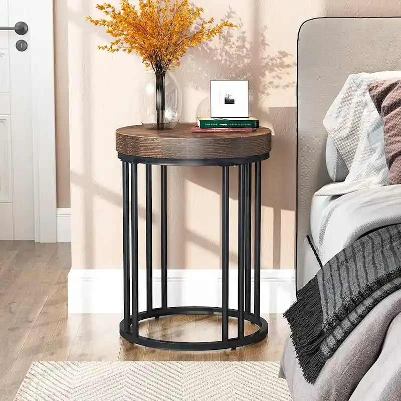 Rustic Brown & Black 2-Tier Round End Table, 1–2 Person Use
