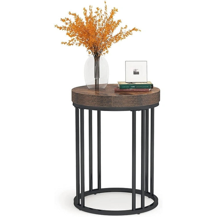 Rustic Brown & Black 2-Tier Round End Table, 1–2 Person Use