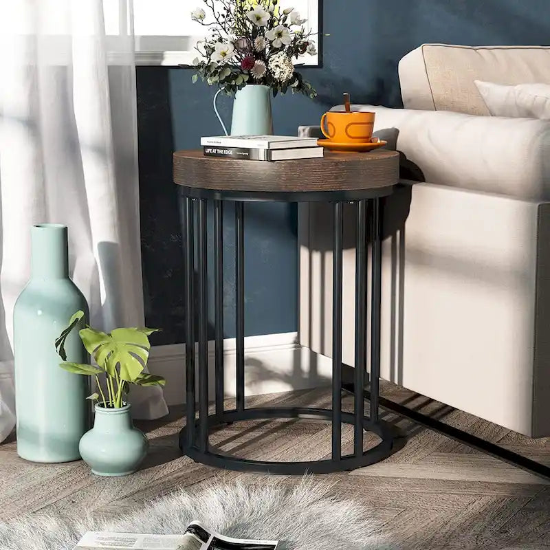 Rustic Brown & Black 2-Tier Round End Table, 1–2 Person Use