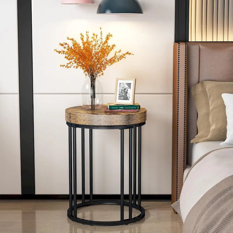 Rustic Brown & Black 2-Tier Round End Table, 1–2 Person Use