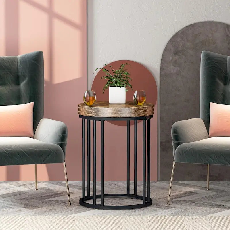 Rustic Brown & Black 2-Tier Round End Table, 1–2 Person Use