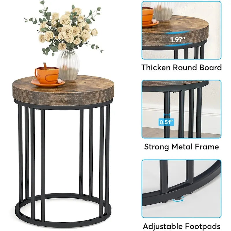 Rustic Brown & Black 2-Tier Round End Table, 1–2 Person Use