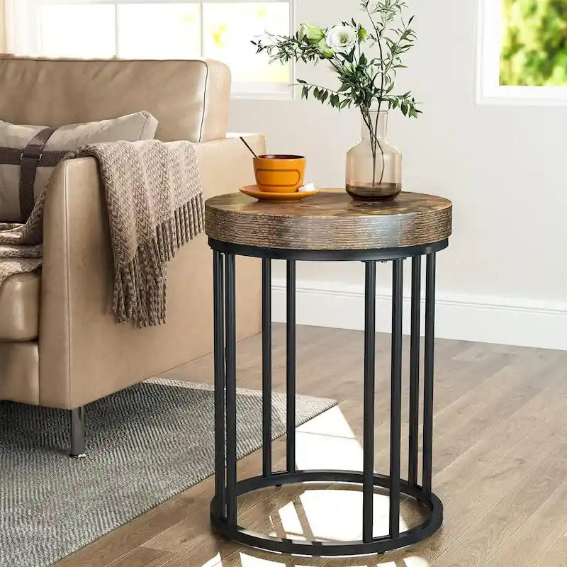 Rustic Brown & Black 2-Tier Round End Table, 1–2 Person Use