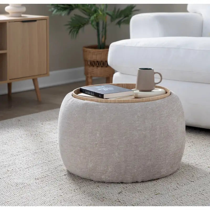 Pouf avec plateau en bois naturel