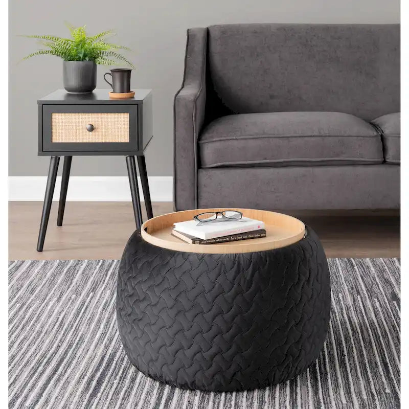 Pouf avec plateau en bois naturel