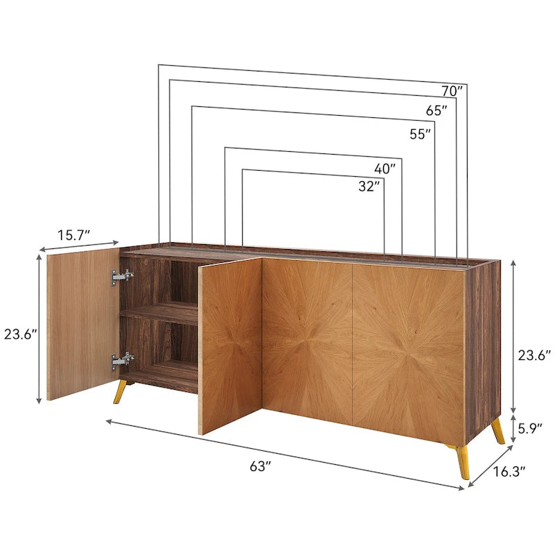 Oak/Walnut 4-Door Sideboard TV Stand, 2-Style, Fits up to 70" TV