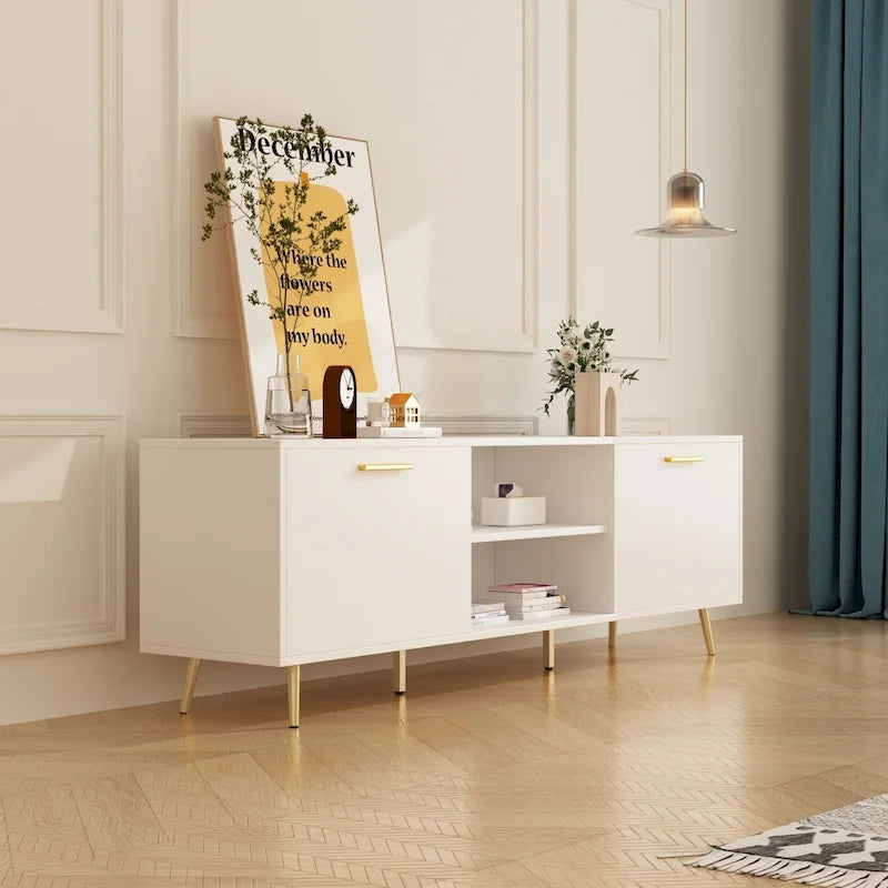 White / Dark Brown TV Stand with 2 Doors & Open Shelves – 1-Room Use
