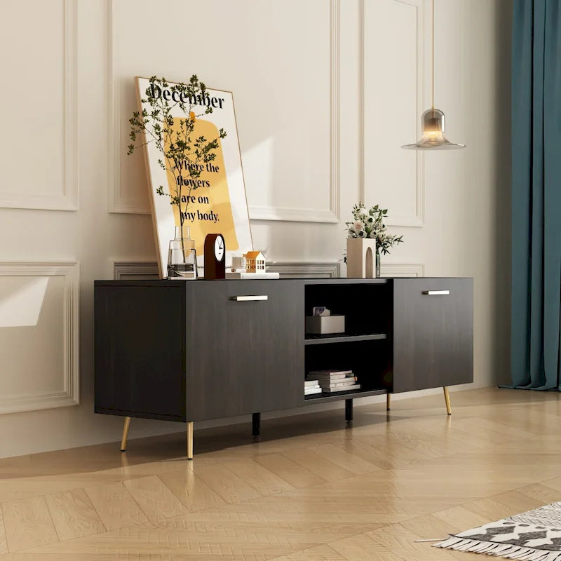 White / Dark Brown TV Stand with 2 Doors & Open Shelves – 1-Room Use
