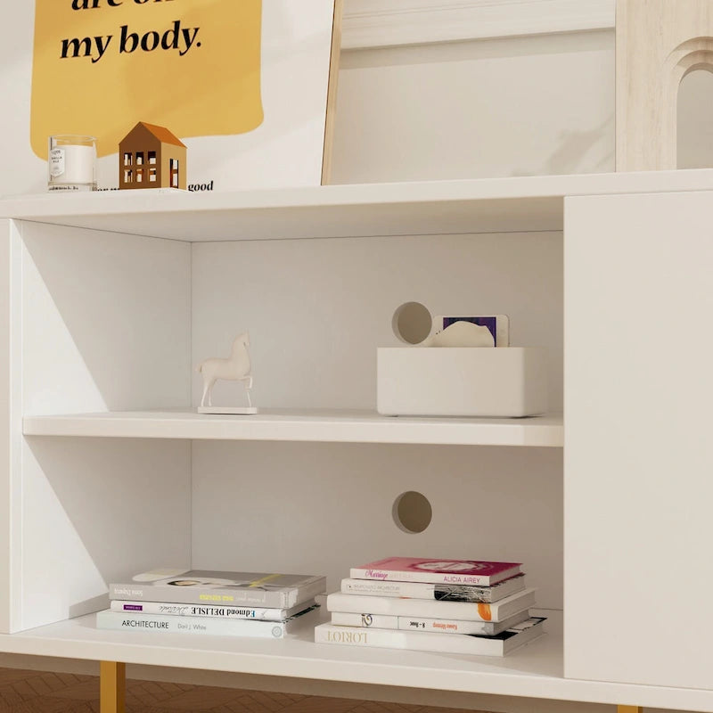 White / Dark Brown TV Stand with 2 Doors & Open Shelves – 1-Room Use