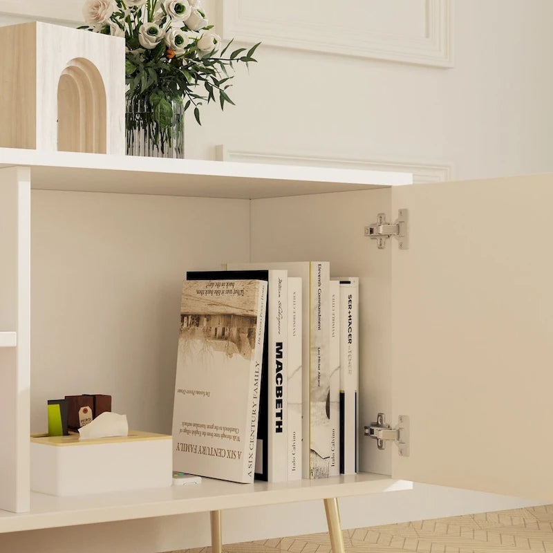 White / Dark Brown TV Stand with 2 Doors & Open Shelves – 1-Room Use