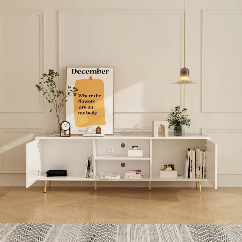 White / Dark Brown TV Stand with 2 Doors & Open Shelves – 1-Room Use