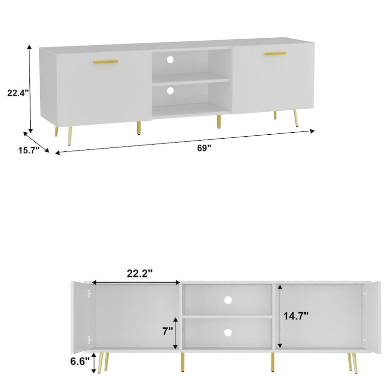 White / Dark Brown TV Stand with 2 Doors & Open Shelves – 1-Room Use