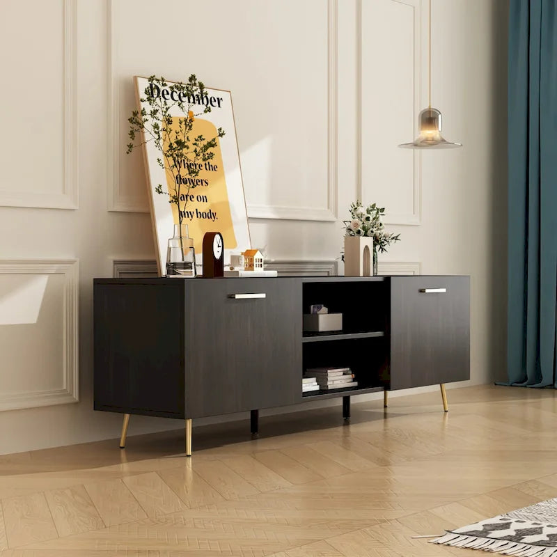 White / Dark Brown TV Stand with 2 Doors & Open Shelves – 1-Room Use