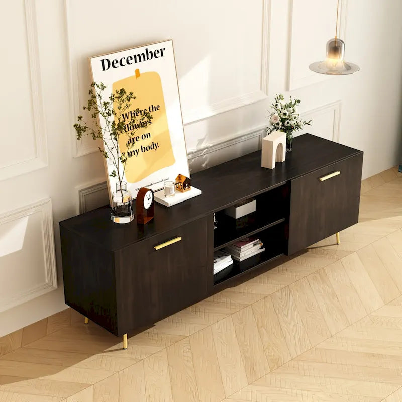 White / Dark Brown TV Stand with 2 Doors & Open Shelves – 1-Room Use