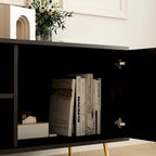 White / Dark Brown TV Stand with 2 Doors & Open Shelves – 1-Room Use