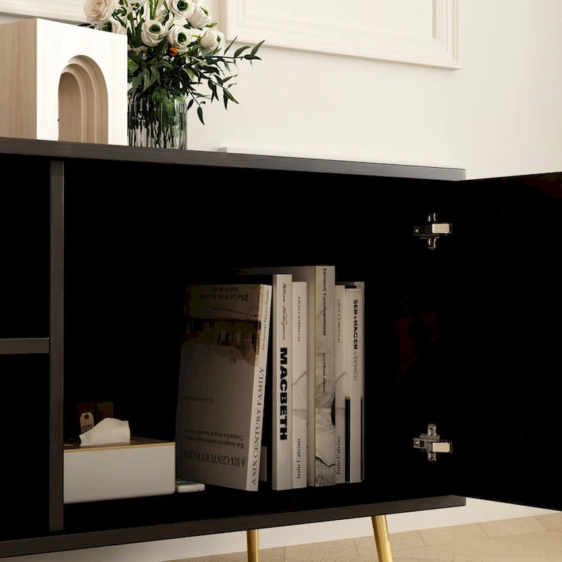 White / Dark Brown TV Stand with 2 Doors & Open Shelves – 1-Room Use