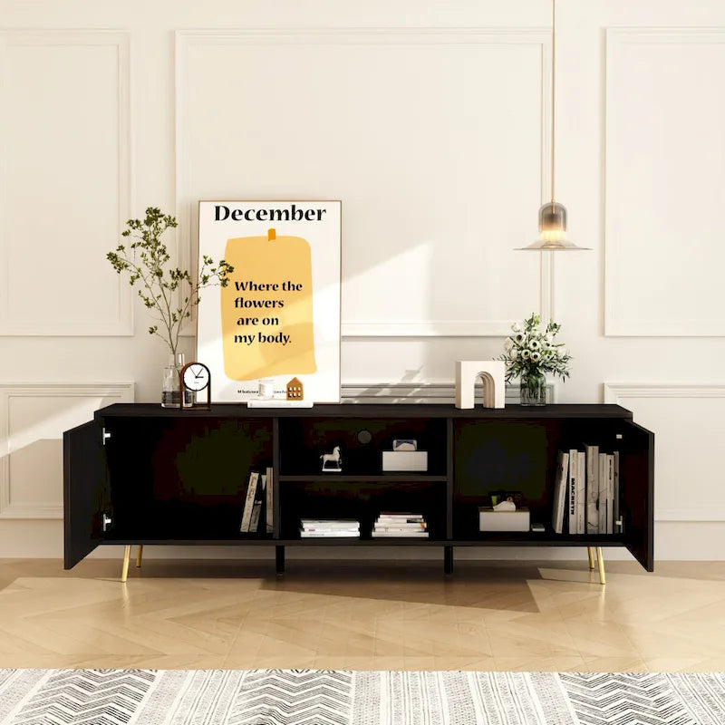 White / Dark Brown TV Stand with 2 Doors & Open Shelves – 1-Room Use