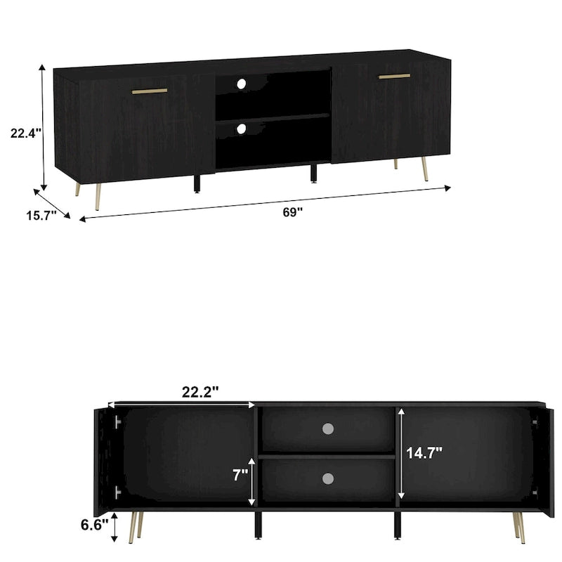 White / Dark Brown TV Stand with 2 Doors & Open Shelves – 1-Room Use