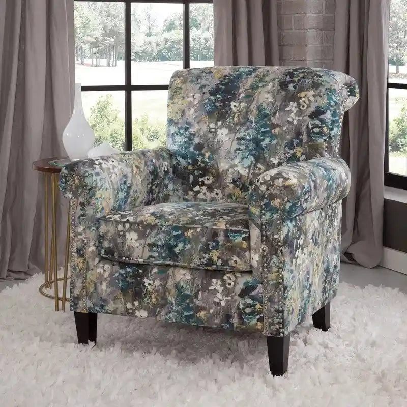 Multi-Color Abstract Floral Print Upholstered Accent Armchair, Single Seat