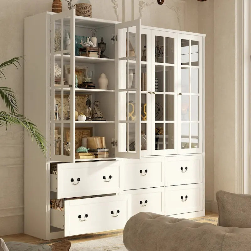 White / Grey / Black Glass Door Combo Bookcase Cabinet, 31.5" / 47.2" / 78.7"W