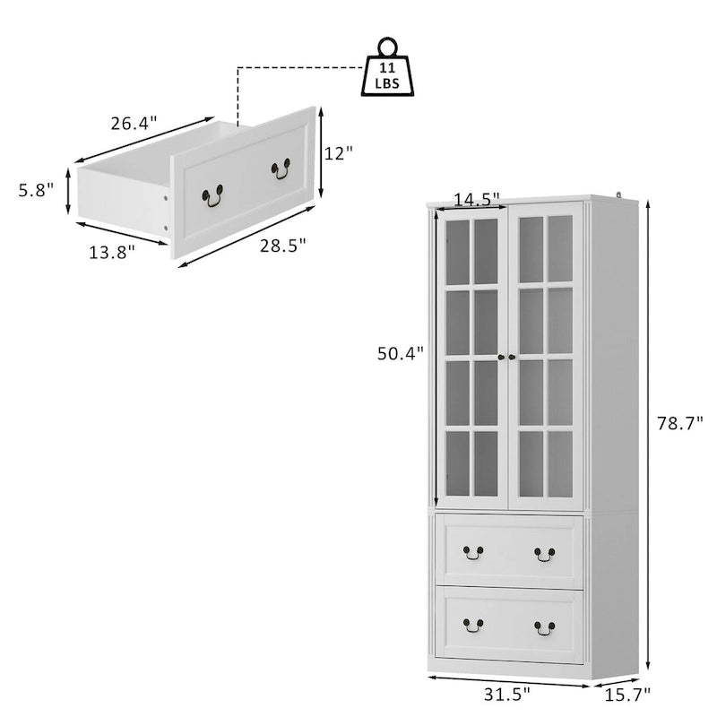 White / Grey / Black Glass Door Combo Bookcase Cabinet, 31.5" / 47.2" / 78.7"W