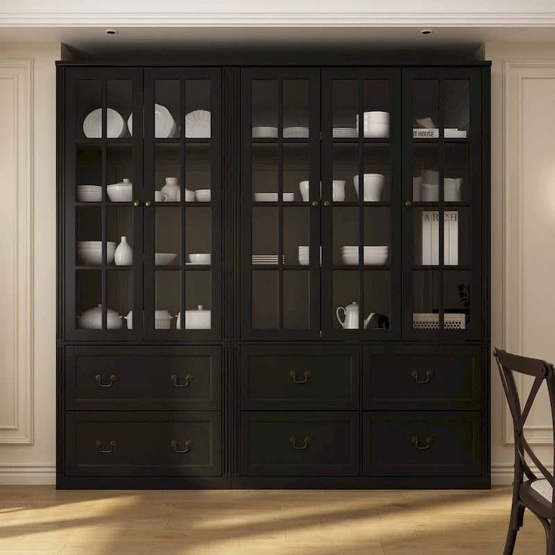 White / Grey / Black Glass Door Combo Bookcase Cabinet, 31.5" / 47.2" / 78.7"W
