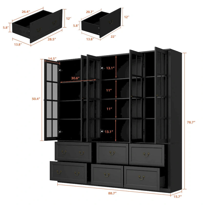 White / Grey / Black Glass Door Combo Bookcase Cabinet, 31.5" / 47.2" / 78.7"W