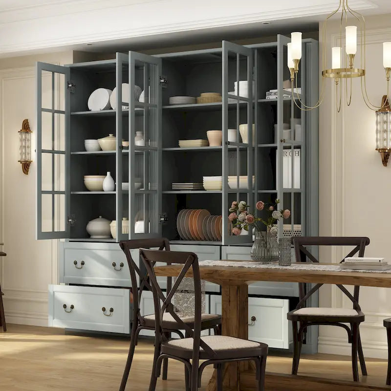 White / Grey / Black Glass Door Combo Bookcase Cabinet, 31.5" / 47.2" / 78.7"W