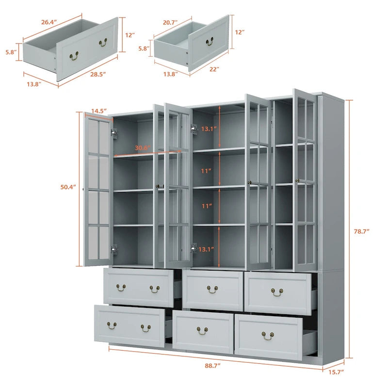 White / Grey / Black Glass Door Combo Bookcase Cabinet, 31.5" / 47.2" / 78.7"W